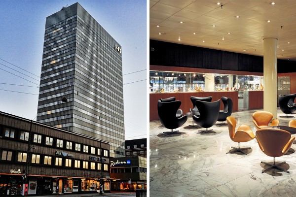 Het Radisson Blu Hotel in Kopenhagen, zoals het tegenwoordig heet. Al bij binnenkomst struikel je over de ontwerpen van Arne Jacobsen.